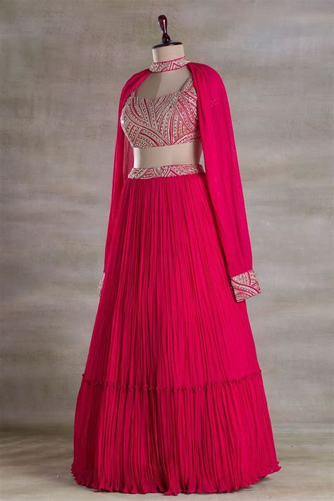 Buy Crimson Pink Stone Embroidered Georgette Party Wear Lehenga Online