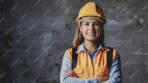 Premium Photo A Woman Wearing A Yellow Hard Hat And A Vest That Says