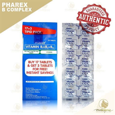 Pharex B Complex Vitamin B1b6b12 10 Tablets 100 Original