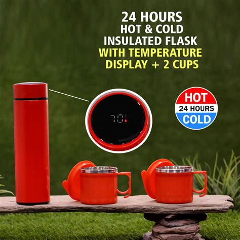 Buy 24 Hrs Hot Cold Flask With Temperature Display Free 2 Double Wall Cups 1TF2C2 Online