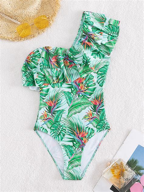 Tropical Print Ruffle Trim One Shoulder One Piece Swimsuit Shein Usa