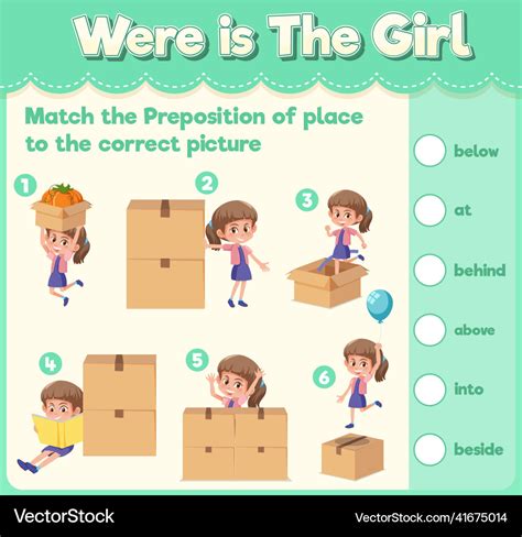 Prepostion Wordcard Design With Girl And Boxes Vector Image