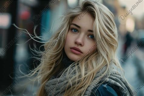 Blonde Woman With Striking Blue Eyes In Urban Setting