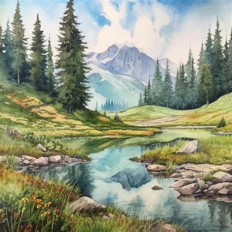 Premium Photo | A watercolor painting of a mountain landscape with a ...