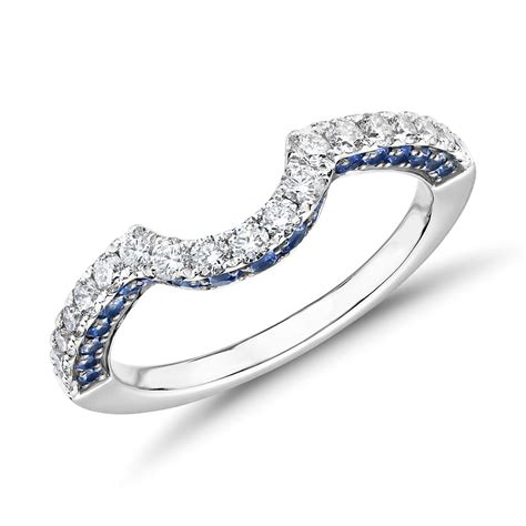 Curved Sapphire And Diamond Ring In 14k White Gold 13 Ct Tw Blue