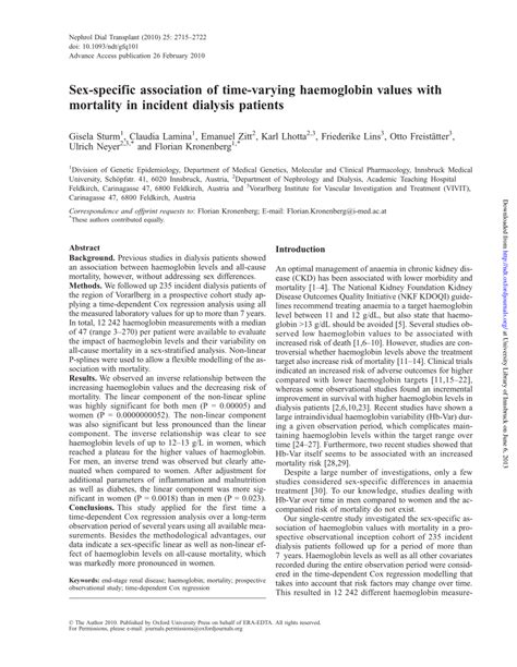 PDF Sex Specific Association Of Time Varying Haemoglobin Values With