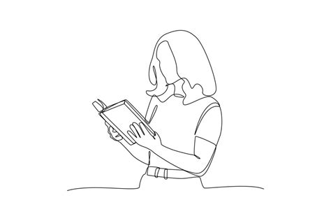 Continuous One Line Drawing Beautiful Woman Reading A Book Book