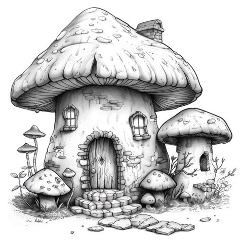 A Detailed Pencil Drawing Of A Whimsical Mushroom House With Stone