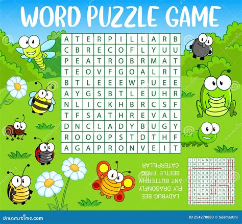 Word Search Puzzle Worksheet With Cartoon Insects Stock Vector