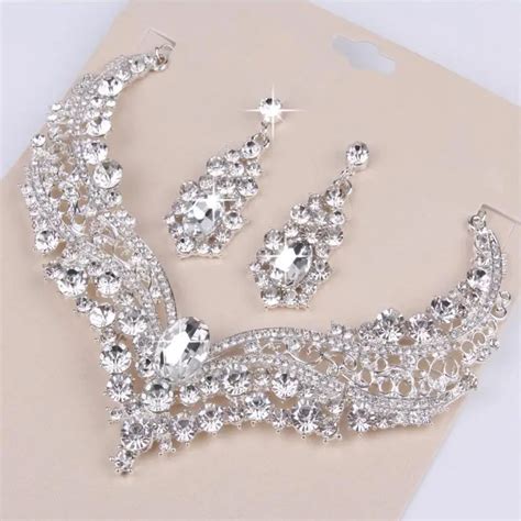 Wedding Bridal Queen Alloy Shiny Rhinestone Crystal Necklace Earrings