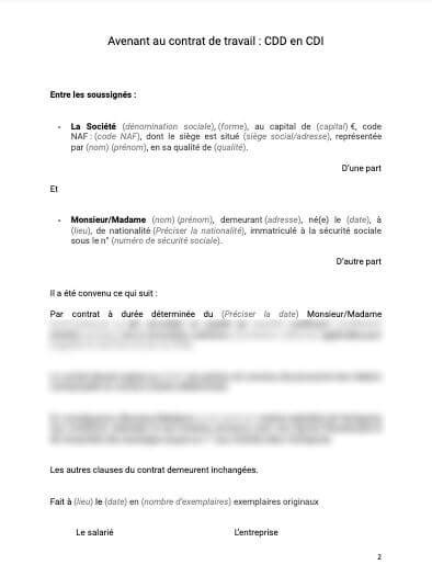 Avenant Au Contrat De Travail Cdd En Cdi Document Et Mod Le T L Charger