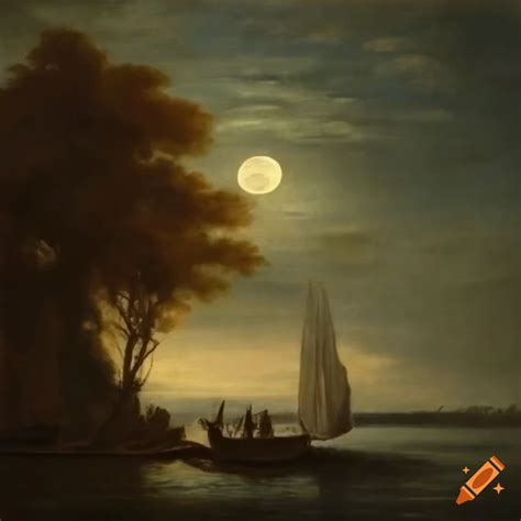 Realistic Angels Under Moonlight With A Sailing Boat In A Museum Worthy