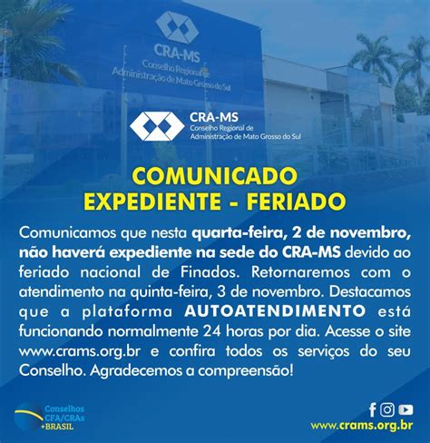 Feriado de Finados não haverá expediente no CRA MS CRA MS