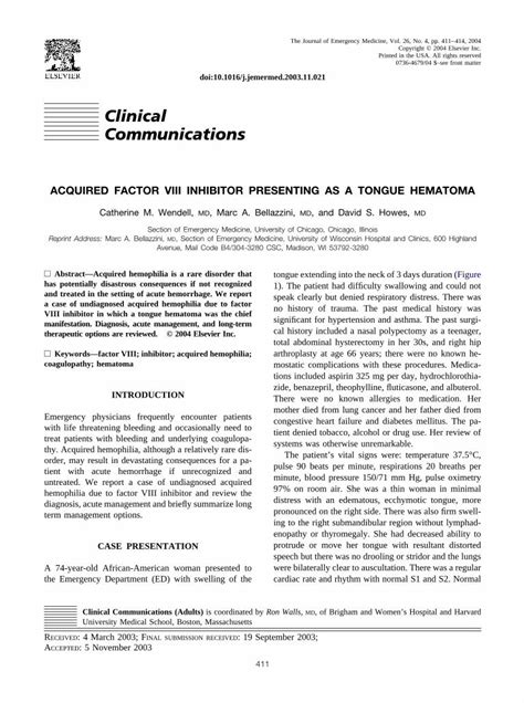 PDF Acquired Factor VIII Inhibitor Presenting As A Tongue Hematoma