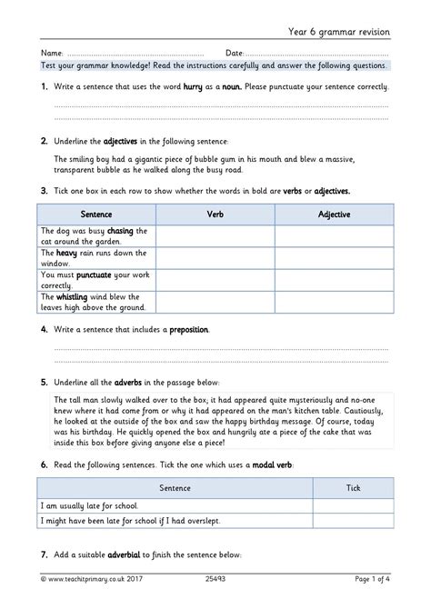 Year Grammar Revision English Ks Teachit