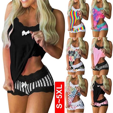Sexy Sleepwear Set Women Lingerie Set Lace Underwear Cami Vest Shorts Plus Size Sleeveless