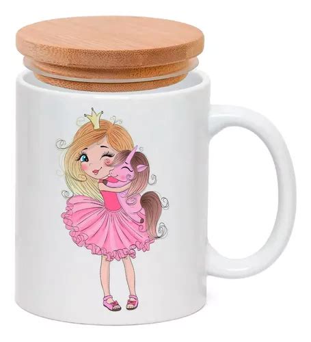 Caneca Porcelana Tampa Bambu Menina Meiga Coroa Ponei Parcelamento