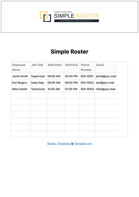 Simple Roster Template - Edit Online & Download Example | Template.net