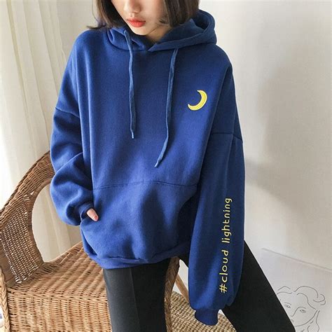 Harajuku Fashion Plus Velvet Women Hoodies Cute Moon Letter Embroidery