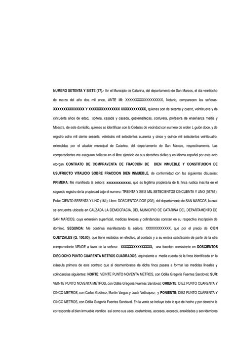 CONTRATO DE COMPRAVENTA Y USUFRUCTO EN GUATEMALA Ejemplo NUMERO