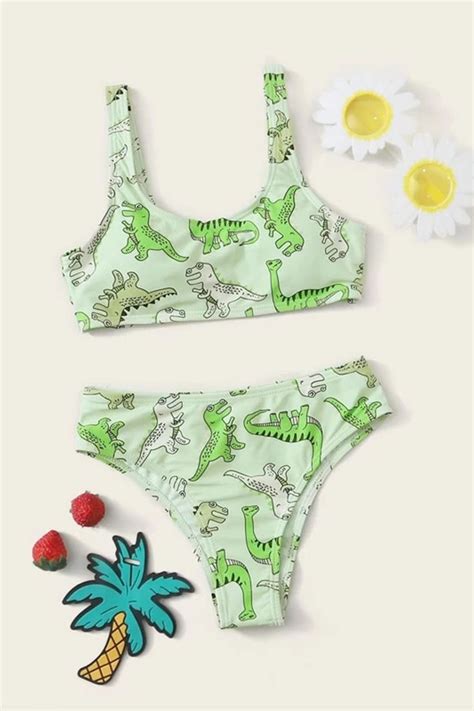 Girls Cartoon Dinosaur Print Bikini Bikinis Bikini Swimsuits Cute