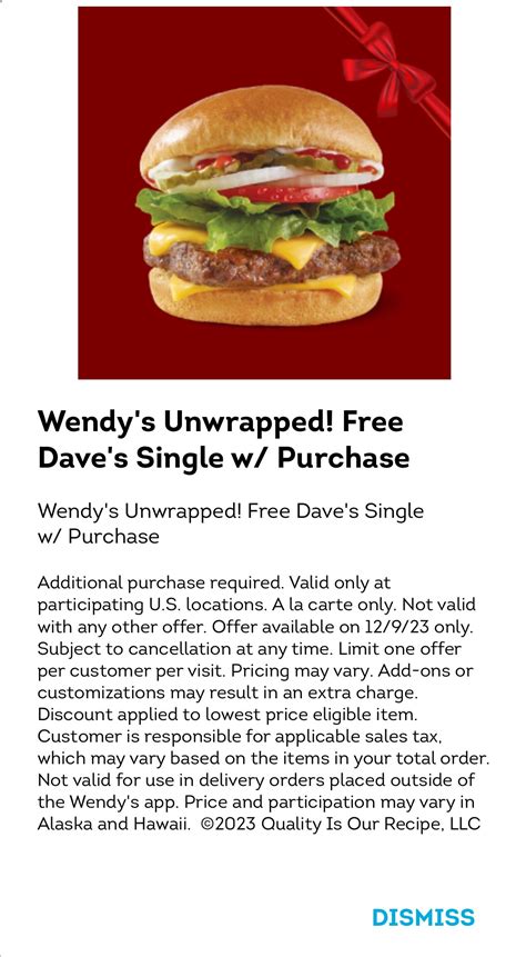 Free Daves Single W Purchase From Wendys R Freefood