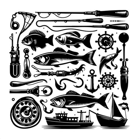 Fishing Elements Set Silhouettes Vector And Fishing Equipment In