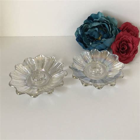 Carnival Glass Candlestick Holders Pair Of Clear Iridescent Etsy