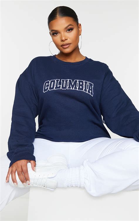 Plus Navy Columbia Embroidered Oversized Sweatshirt | PrettyLittleThing USA