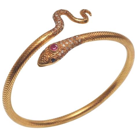 K Gold Snake Bracelet With Pave Diamonds Ruby And Sapphire Eyes At