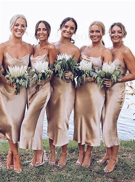 Long Spaghetti Straps Champagne Beach Bridesmaid Dress Beach