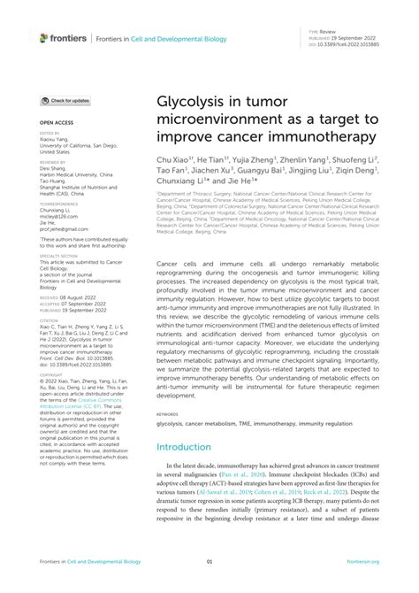 PDF Glycolysis In Tumor Microenvironment As A Target To Improve