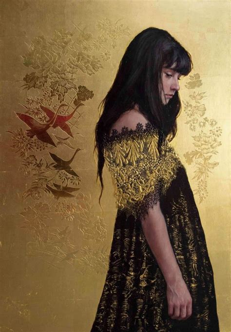 A Painting Of A Woman In A Black And Gold Dress