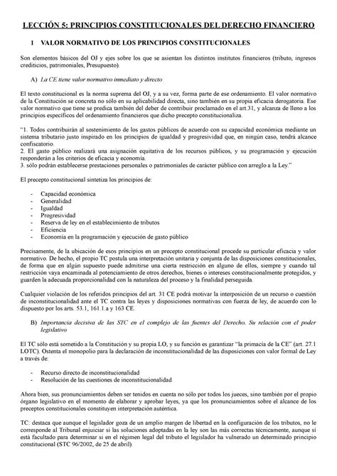 LeccióN 5 principios constitucionales del derecho financiero Derecho