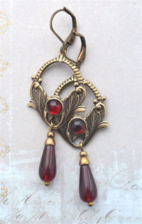 Art Nouveau Art Deco Red Glass Drop Earrings Antiqued Brass Floral