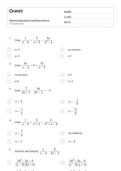 50 Rational Expressions Equations And Functions Worksheets For 10th