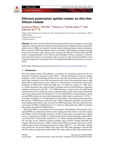 Pdf Efficient Polarization Splitter Rotator On Thin Film Lithium Niobate