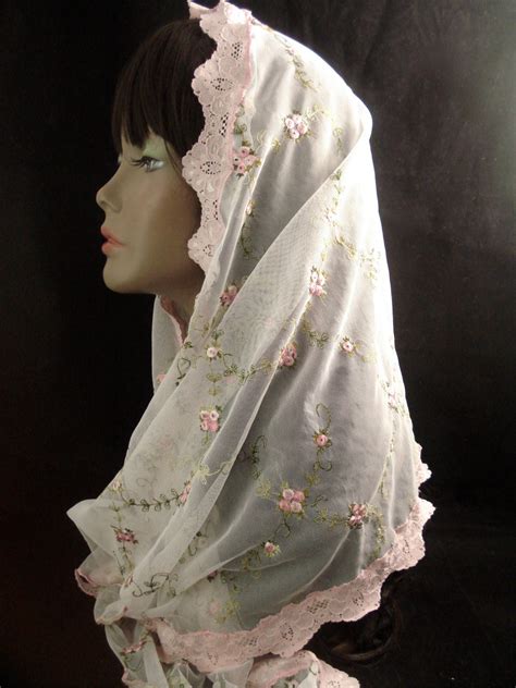 A Catholic Mantilla Embroidered Pink Floral Chapel Veil Soft