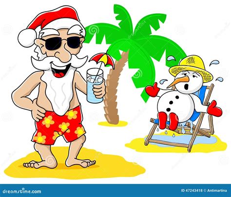 Santa Claus And Snowman At Christmas On Vacation At The Beach Stock