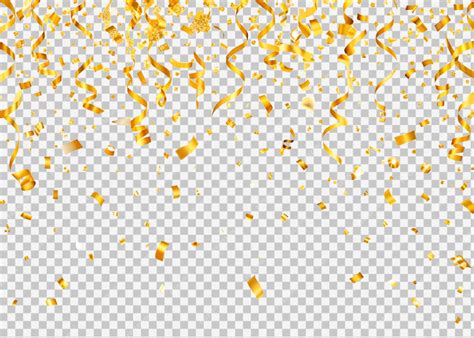 Gold confetti and ribbon streamers falling on a transparent background ...