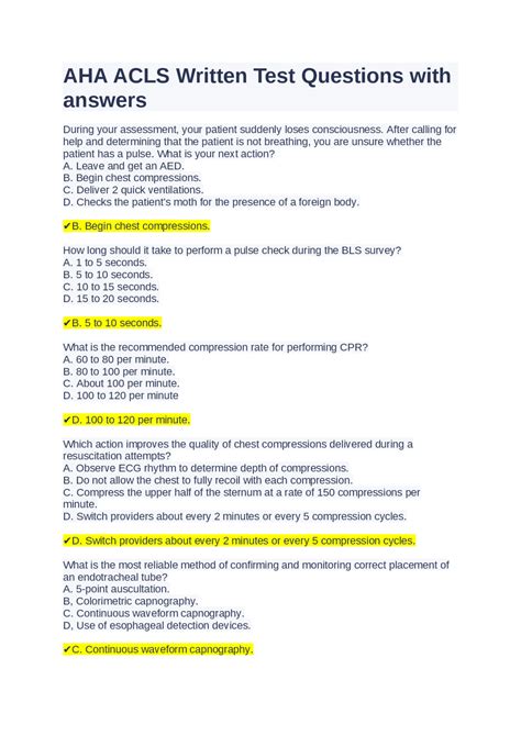 AHA ACLS Written Test Questions With Answers Exams Nursing Docsity