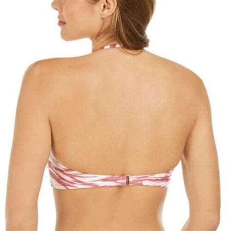 Hula Honey Womens L Bikini Top Bandeau Pink White Halter Lace Up