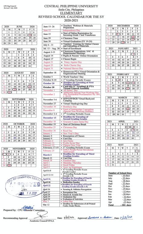 Elementary School Calendar for the SY 2020-2021 | Central Philippine ...