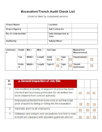 Free Excavation Checklist Samples Safety Inspection Daily