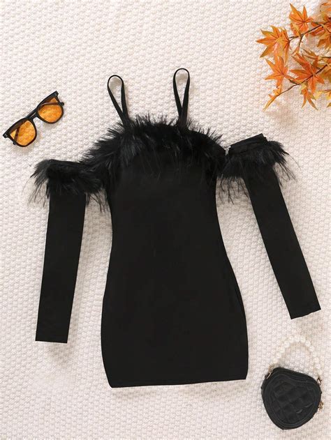 SHEIN Garota pré adolescente Acabamento Difuso Ombro Frio Vestido