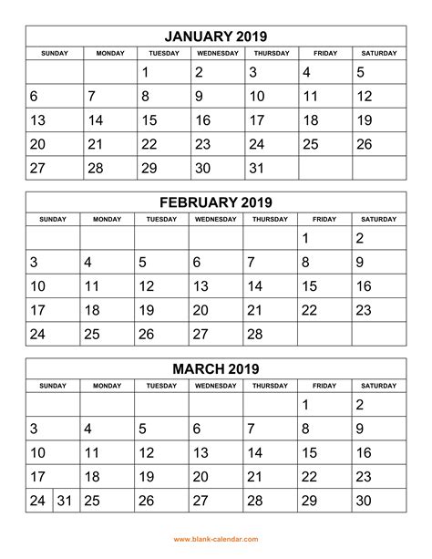 Free Download Printable Calendar 2019 3 Months Per Page 4 Pages