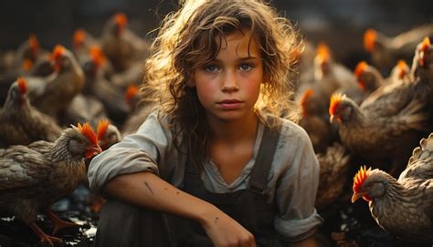 Niña sonriente en una granja con pollos lindos disfrutando de la