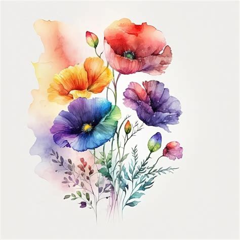 Premium Photo | Watercolor rainbow flowers illustration botanical art print