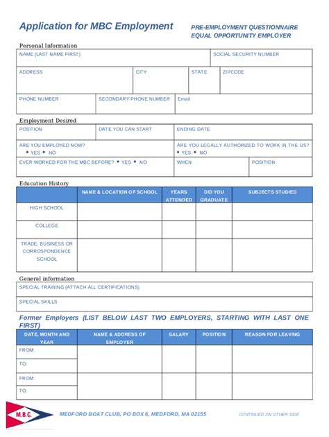 Application For Employment Pre Employment Questionnaire Doc