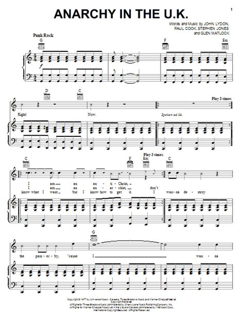 Anarchy In The U K Sheet Music By Sex Pistols Piano Vocal Guitar